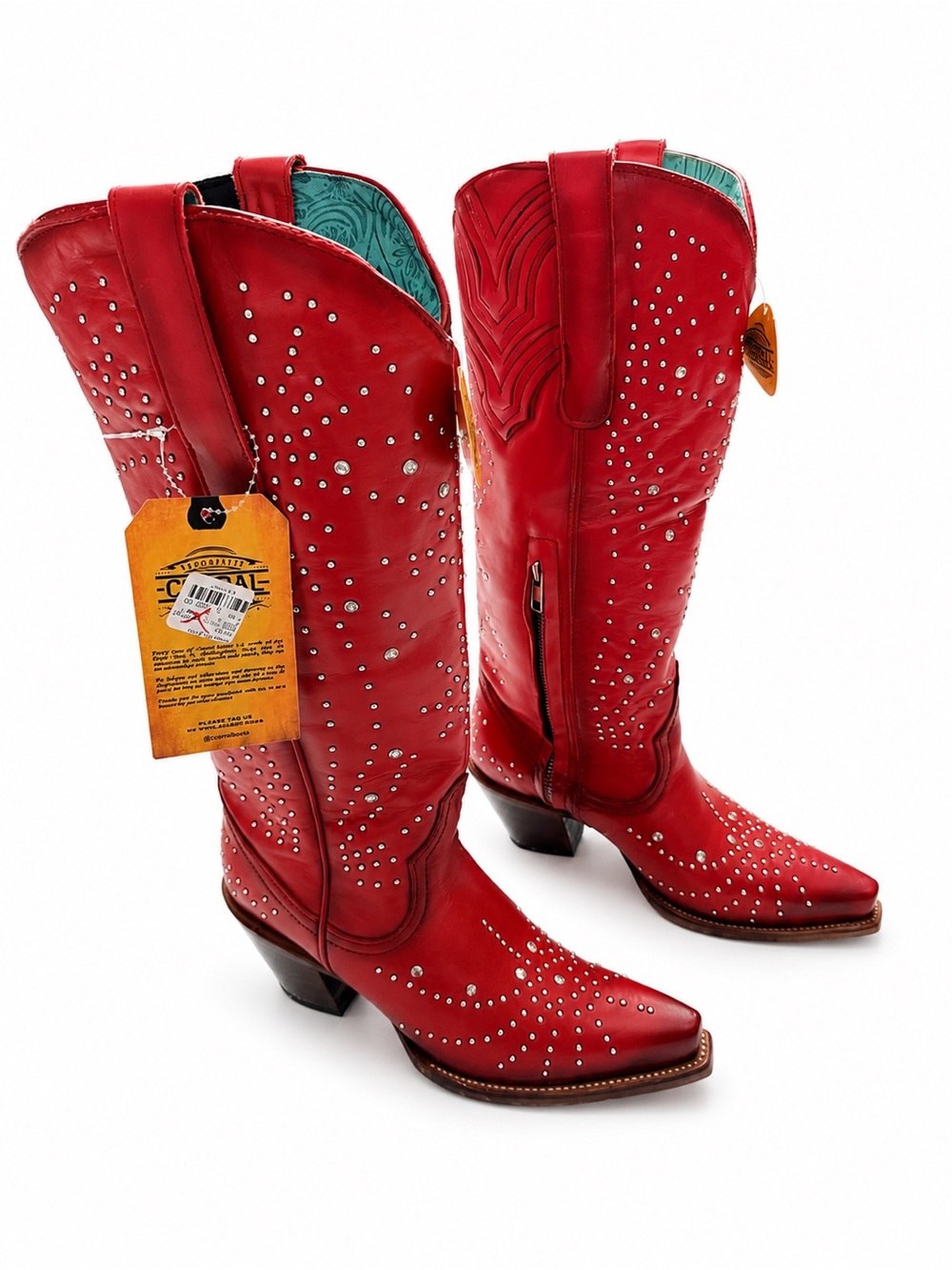 Corral Red Studded Tall Western Boots Sz 7 Snip Toe Side Zip NWT - Picture 2 of 16